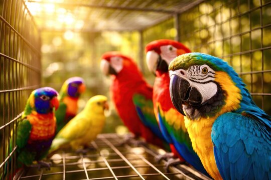 A group of colorful parrots are sitting on a branch in a cage