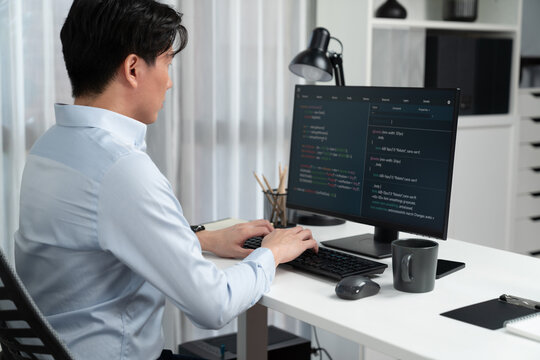 Smart IT developer looking at coding program application on computer screen of online website, analyzing intelligent database system development on business world market at modern office. Infobahn.