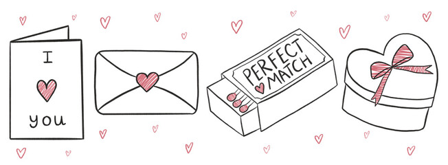 Valentine&rsquo;s Day love themed hand drawn illustration vector set romance doodles collection
