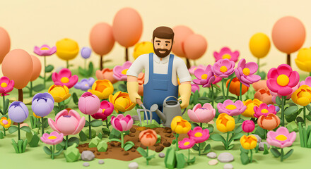 A man tending to vibrant flowers in a garden scene viewed from the front