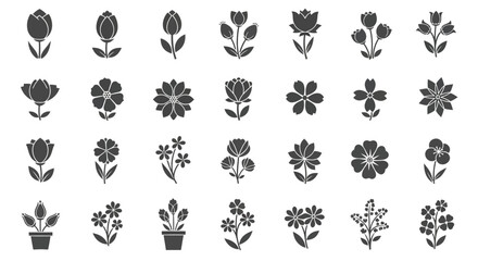Collection of flower icons in vector format, featuring various floral designs such as tulips, daisies, and cherry blossoms isolated on