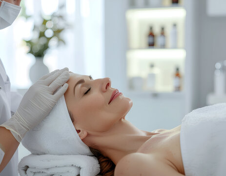 Cosmetologist performing a facial treatment for a woman in a medical spa. Professional skincare, wellness and beauty concept with copy space.