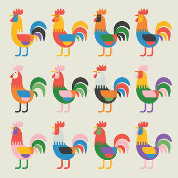 Colorful Roosters in Folk Art Style on Beige Background