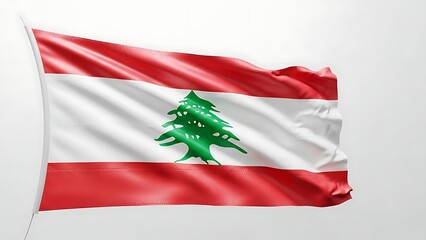 The flag of Lebanon waving with pride, featuring a green cedar tree at the center