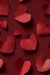 Textured red hearts creating romantic background concept. Red textured hearts scattered creating an abstract background for romance and celebration