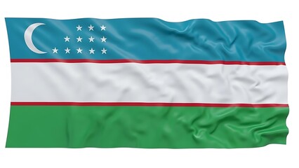 Fototapeta premium The national flag of Uzbekistan waving in the wind with a crescent moon and stars on a blue background