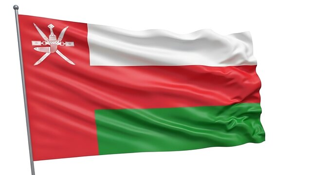 The national flag of Oman waving proudly in the wind. The flag features a red band with a white emblem, a white band, and a green band