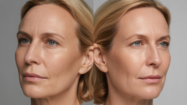 Before After anti aging face photo skin spa treatment older woman 40s 50s menopause wrinkles fine line saggy jowls afterwards smooth glowing younger firm microneedling rf therapy LED laser treatment 