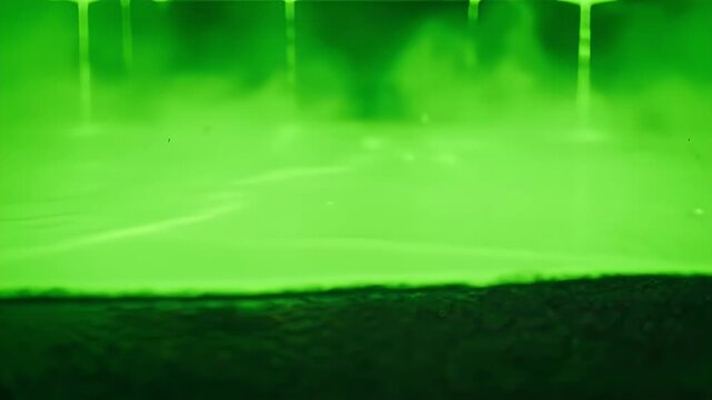A vivid green fluid or gas experiment with vertical streams creating a misty effect over a dark surface, possibly illustrating fluid dynamics.