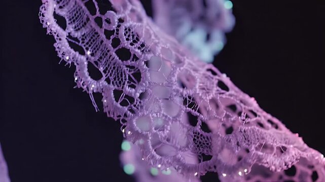 Close-up of delicate purple lace fabric with intricate patterns and sparkling details.