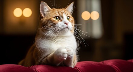 Orange and white tabby cat sitting on red cushion with paws crossed looking upwards intently indoors