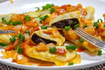 Traditional pierogi filled with black beans in a sauce of onions, fresh tomatoes, and fresh green onions. Traditional Ukrainian food.