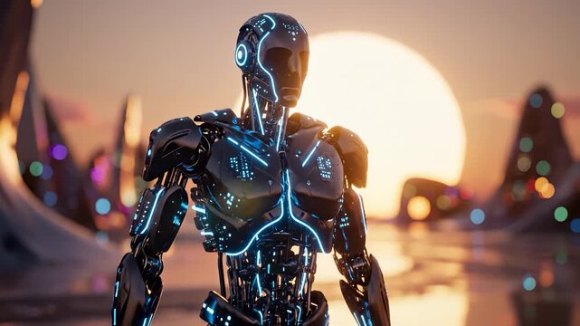 A robot stands confidently against a glowing sunset, showcasing its high-tech design and illuminated features. The robot and sunset create a captivating scene in a futuristic landscape.