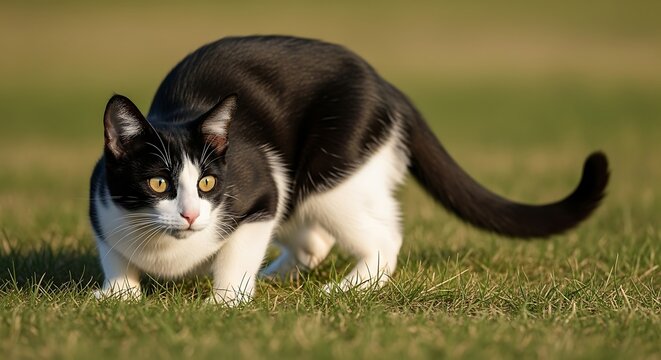 A tuxedo cat crouching low to the ground on a sunny day in a grassy field ready to pounce or hunt