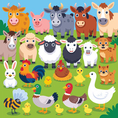 Naklejka premium Colorful Farm Animals Standing on Green Grass Field