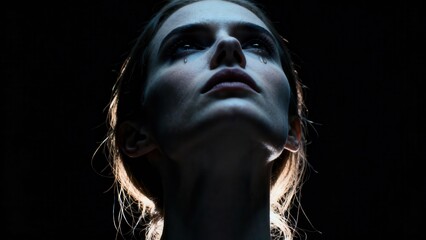 Dramatic, low key portrait highlighting the anguish of a distressed young female with wet cheeks and tears running downward in darkness.