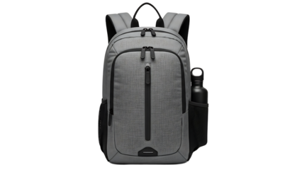 Gray Backpack with Water Bottle Holder on Side Standing Alone