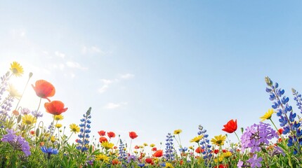 Spring Wildflower Meadow under Blue Sky with Copy Space for Business Presentation 4K