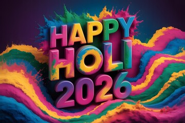 Vibrant Happy Holi 2026 festival background with 3D colorful powder clouds on dark backdrop