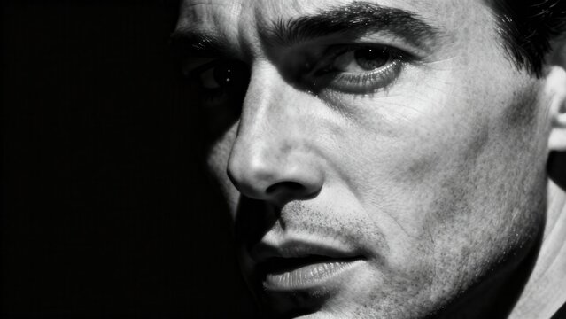 Dramatic close up of an adult male face featuring intense directional lighting and high contrast monochrome tones.