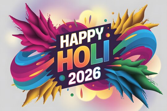 Happy Holi 2026 greeting background with 3D vibrant color splash and stylish typography