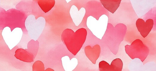 Seamless watercolor heart pattern for Valentine's Day love. Watercolor hearts creating a seamless pattern in shades of pink and red on a white background