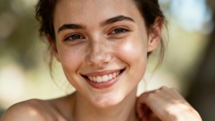 Fototapeta premium Cheerful young adult brunette woman with clear skin and numerous freckles smiling broadly outdoors.