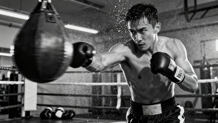 Determined athletic male boxer delivers a powerful punch to a heavy bag inside a boxing ring, captured dramatically in monochrome with visible spray.