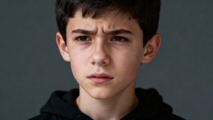 Obraz premium Dark-haired young boy wearing a black hoodie displays frustrated or skeptical emotion with deeply furrowed eyebrows against a gray background.