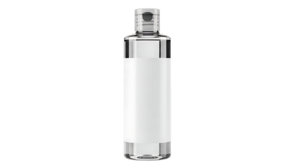 Clear Plastic Spray Bottle with White Label Standing on White Background