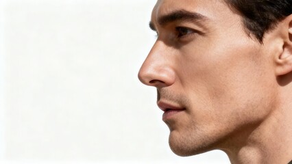 Fototapeta premium Headshot showing the strong facial profile of a serious young adult man with dark hair against a bright white background.