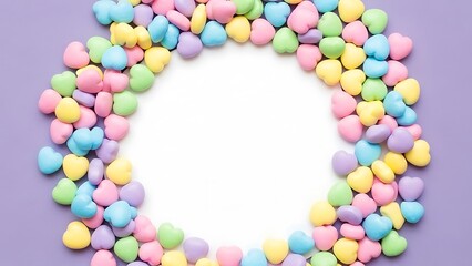 Colorful heart-shaped candies forming a circle