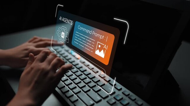 Hands typing on a keyboard with futuristic interface displaying AI agents and command prompt, showcasing technology in modern digital communication Gluon.