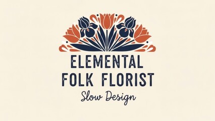 Obraz premium Elemental Folk Art Florist Logo Vector. Traditional Symmetrical Botanical Motif. Hand-Drawn Heritage Style Flower Shop Branding Illustration.
