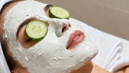 Relaxing woman receiving a light green clay facial mask treatment with cooling cucumber slices over her eyes.