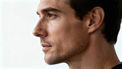 Fototapeta premium Intense profile portrait of a serious adult Caucasian man with short dark hair, focused gaze, and light facial stubble.