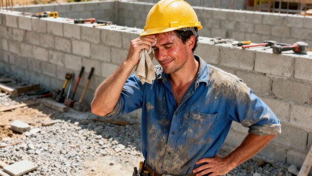 Exhausted construction worker wearing a yellow hard hat wipes profuse sweat off his face with a small cloth at a dusty job site.