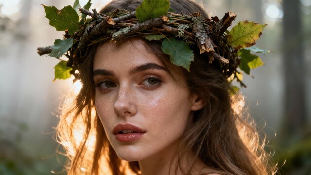 Ethereal young woman with freckles wearing a woodland crown made of branches and green foliage in hazy golden hour backlight.