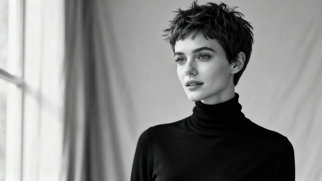 Elegant young woman wearing black turtleneck sweater with short pixie cut hair looking off-camera in striking black and white portrait.