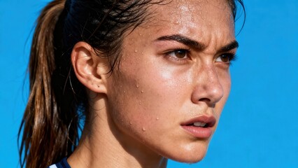 Determined young adult female athlete sweating heavily, concentrating intensely with furrowed brow during vigorous exercise against a bright blue background.