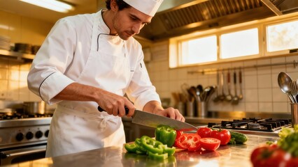 Concentrated male cook wearing white chef's coat and toque hat preparing fresh red tomatoes and green bell peppers on a shiny industrial kitchen countertop.