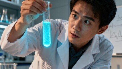 Asian male researcher examines glowing cyan liquid inside a glass test tube in a dark science laboratory setting.