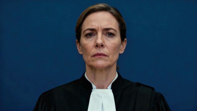 Mature female advocate wearing traditional black judicial robes and a serious expression against a vibrant blue wall.