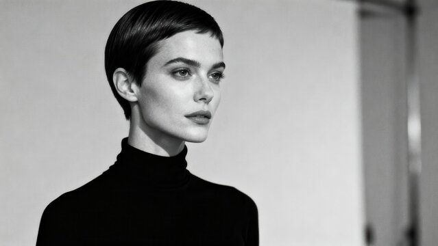 Striking black and white  portrait of a serious young adult woman sporting a dark pixie haircut and a sleek black turtleneck.