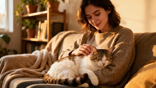 Relaxed young woman gently petting a tabby and white domestic cat sleeping comfortably on her lap indoors during warm sunset light.