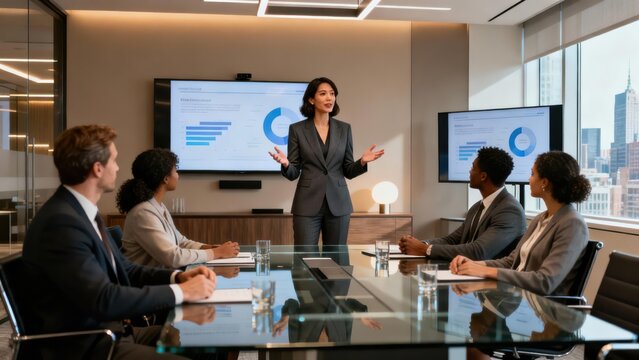 Businesswoman in gray suit presenting data analysis charts on a monitor to four colleagues during a corporate boardroom meeting. - Powered by Adobe