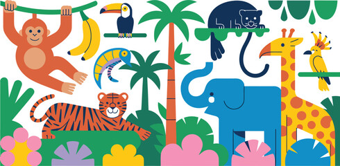 Fototapeta premium Colorful Jungle Animals Illustration