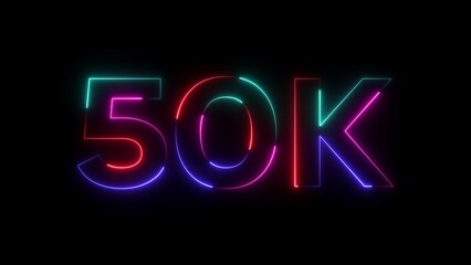 Colorful neon 50k text on black background
