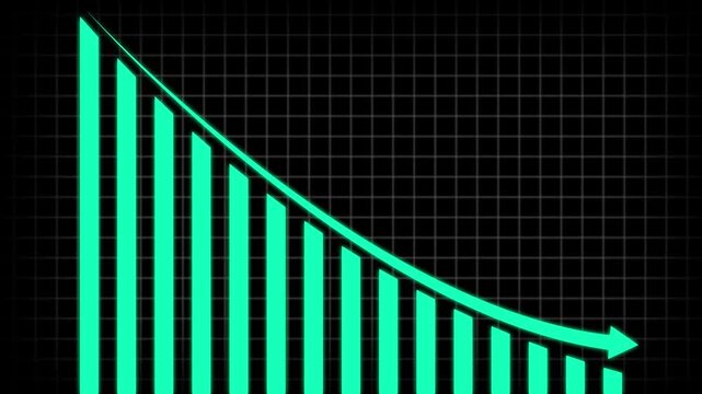 Teal Bar Chart with Arrow Showing Downward Trend graph. Trade for profit in the stock market. The stock price falls, the red graph indicates a loss.