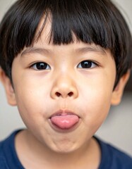 A playful close-up of a young child with chubby cheeks making a silly face. The child sticks out their tongue, creating a humorous and whimsical expression, capturing innocence, spontaneity, and joy.